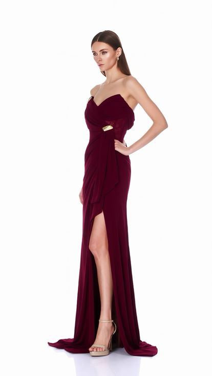 Bordo Gold Aksesuarlı Gala Abiye Elbise