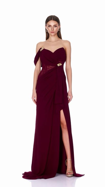 Bordo Gold Aksesuarlı Gala Abiye Elbise