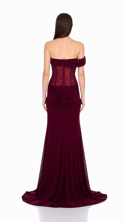 Bordo Gold Aksesuarlı Gala Abiye Elbise