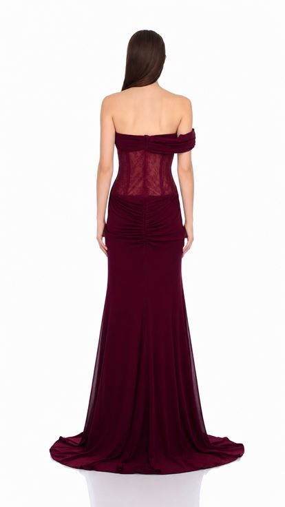 Bordo Gold Aksesuarlı Gala Abiye Elbise