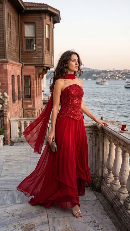 Kırmızı İnci İşlemeli Straplez Şifon Abiye Elbise