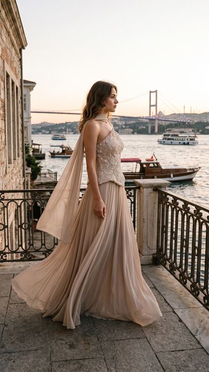 Taş İnci İşlemeli Straplez Şifon Abiye Elbise