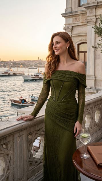 Haki Işıltılı Dantel Abiye Elbise
