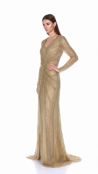 Robe de soirée crème brodée avec détail de nœud