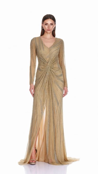 Robe de soirée crème brodée avec détail de nœud