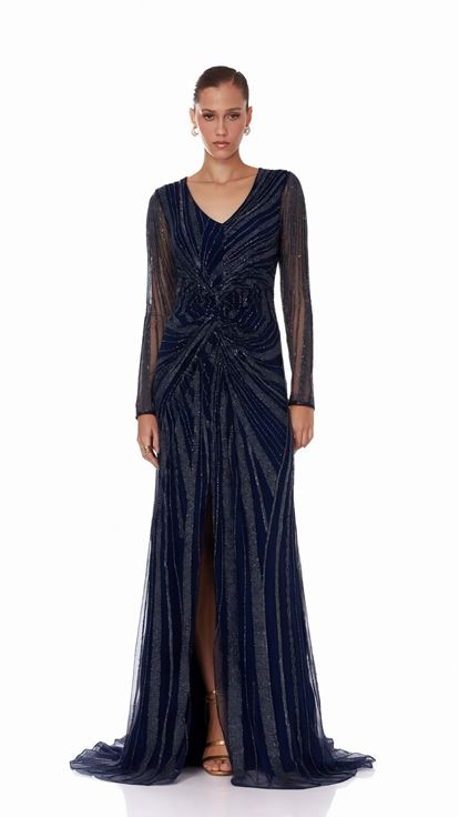 Robe de soirée bleu marine brodée avec détail de nœud