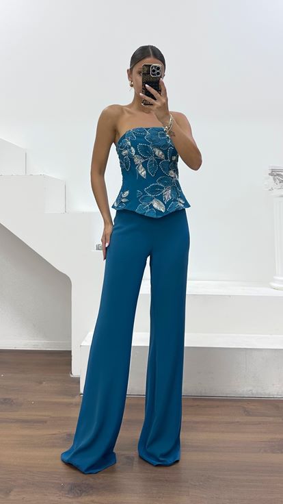 Petrol Strapless Evening Jumpsuit