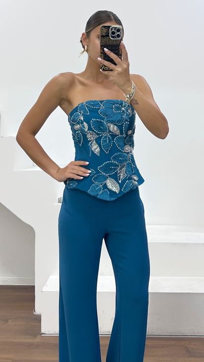 Petrol Strapless Evening Jumpsuit
