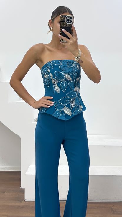 Petrol Strapless Evening Jumpsuit