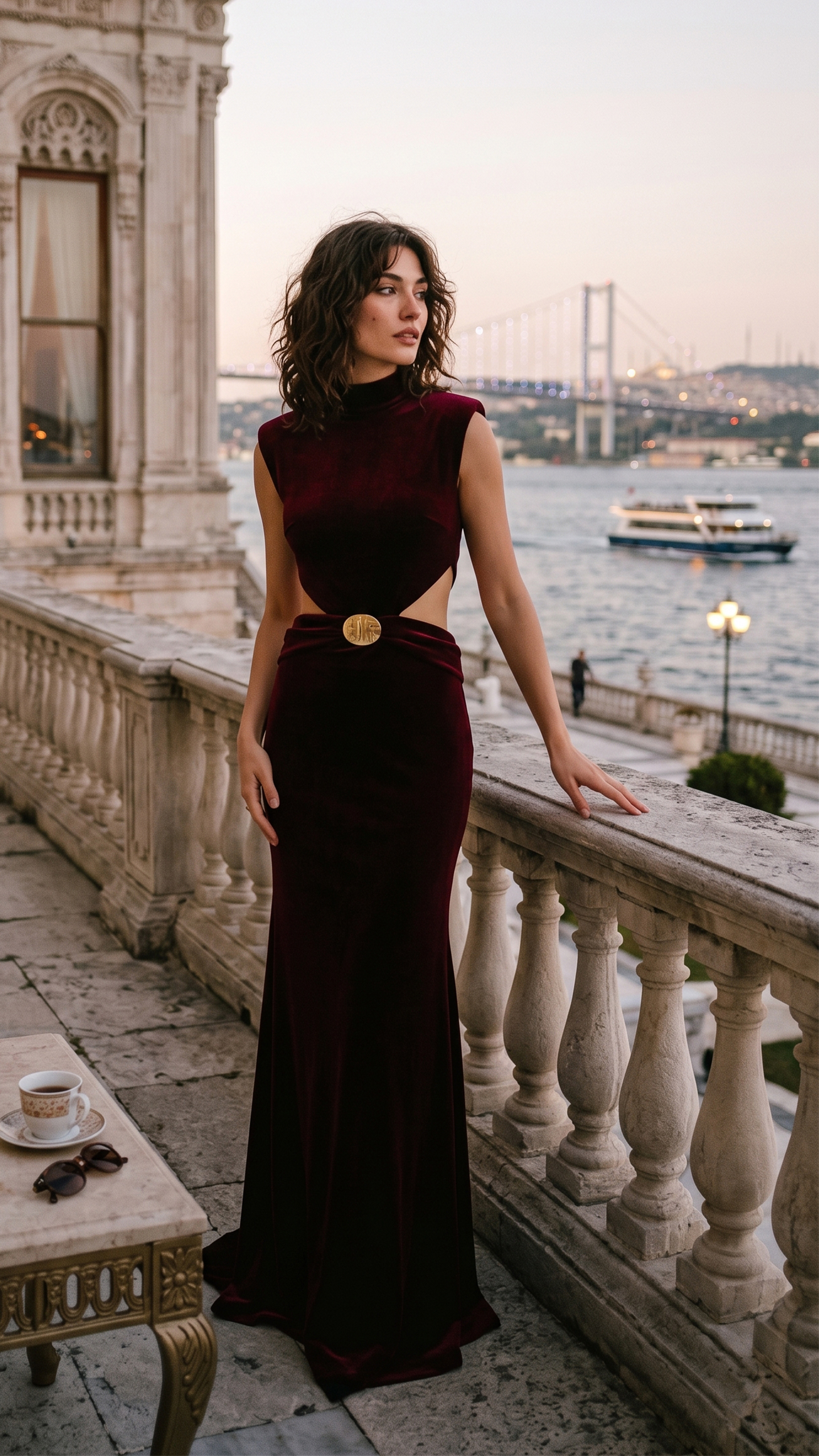 Bordo Toka Aksesuarlı Dik Yaka Abiye Elbise