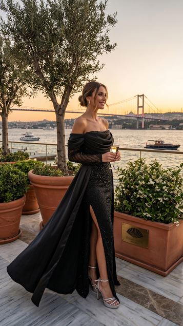 Siyah Düşük Omuz Payetli Abiye Elbise