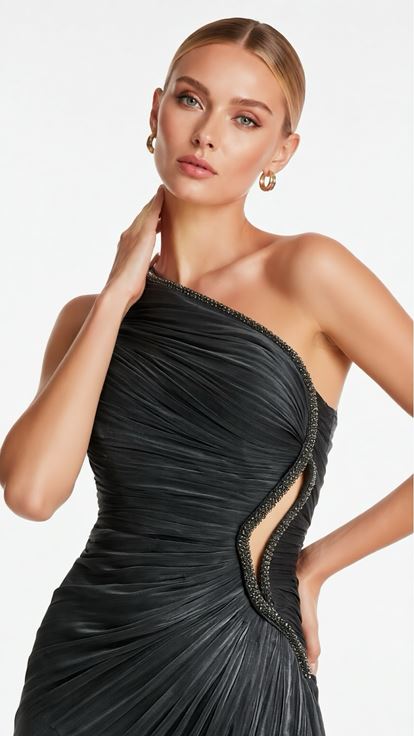 Gri Tek Omuzlu Yırtmaçlı Dior Organze Abiye Elbise