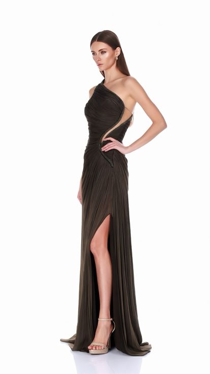 Koyu Kahverengi Tek Omuzlu Yırtmaçlı Dior Organze Abiye Elbise