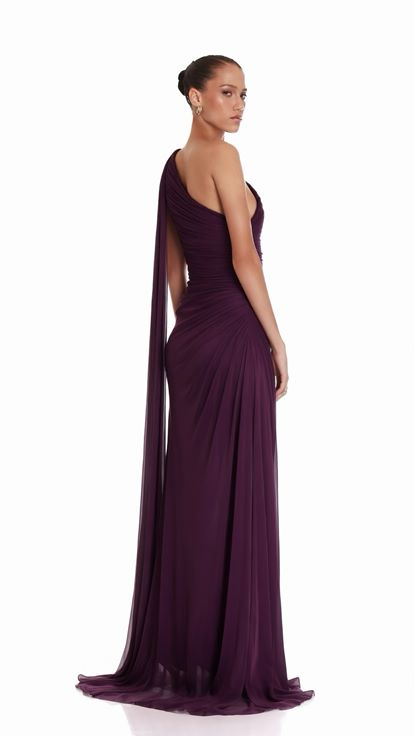 Mor Tek Omuzlu Dior Organze Yırtmaçlı Gece Elbisesi