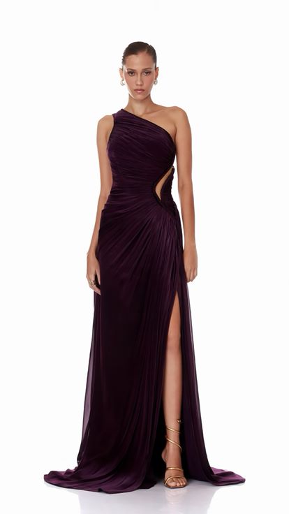 Mor Tek Omuzlu Dior Organze Yırtmaçlı Gece Elbisesi
