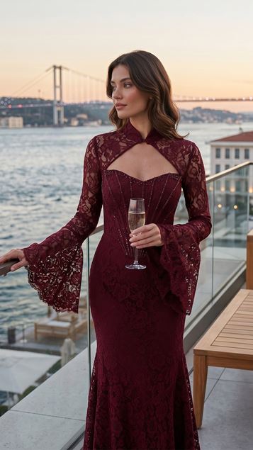 Bordo İspanyol Kollu Dantel Abiye Elbise