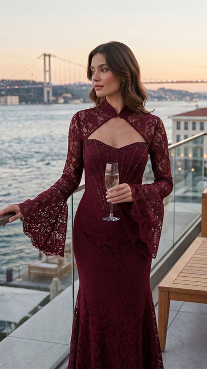 Bordo İspanyol Kollu Dantel Abiye Elbise