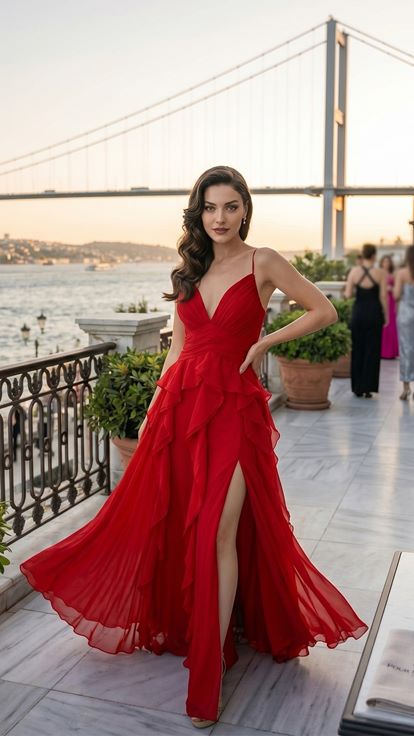 فستان سهرة برتقالي اللون مكشكش بأشرطة