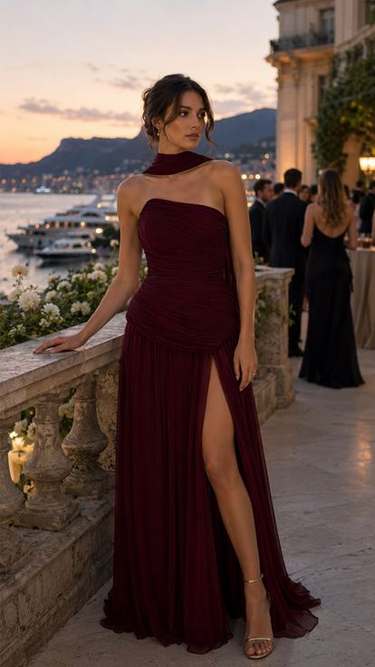 Bordo Asimetrik Kesim Pileli Abiye Elbise