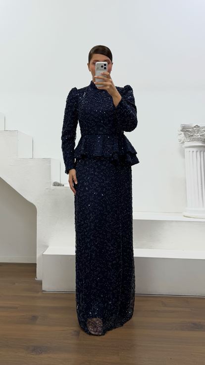 Lacivert Peplum Detaylı Büyük Beden  Abiye Elbise