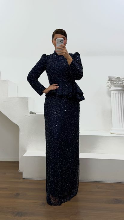 Lacivert Peplum Detaylı Büyük Beden  Abiye Elbise