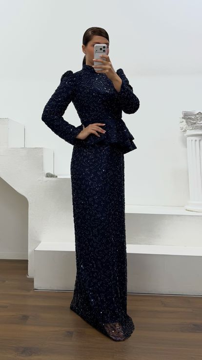 Lacivert Peplum Detaylı Büyük Beden  Abiye Elbise