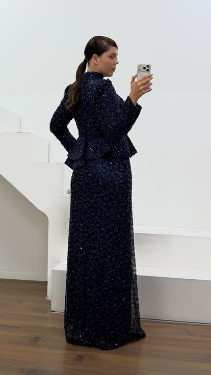 Lacivert Peplum Detaylı Büyük Beden  Abiye Elbise