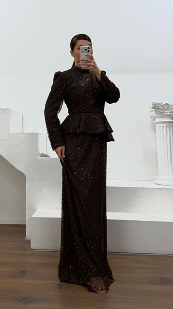 Kahverengi Peplum Detaylı Büyük Beden  Abiye Elbise
