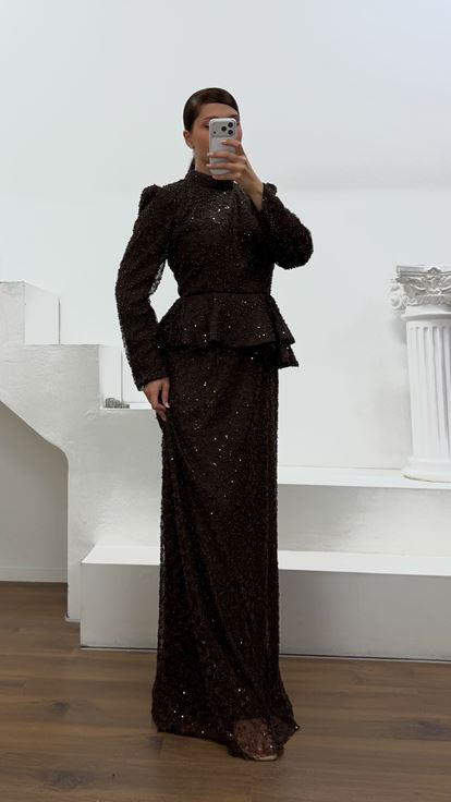 Kahverengi Peplum Detaylı Büyük Beden  Abiye Elbise