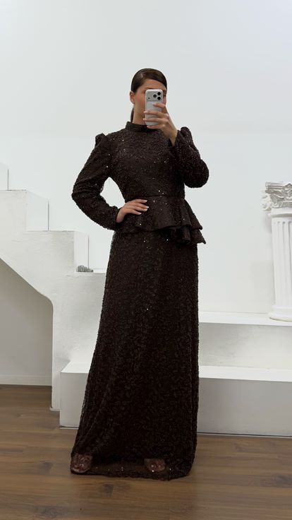 Kahverengi Peplum Detaylı Büyük Beden  Abiye Elbise