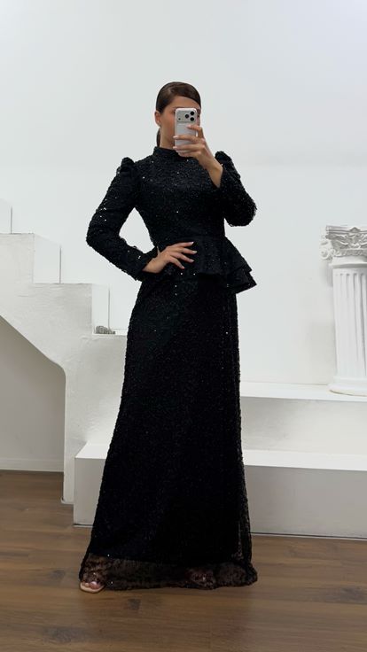 Siyah Peplum Detaylı Büyük Beden  Abiye Elbise