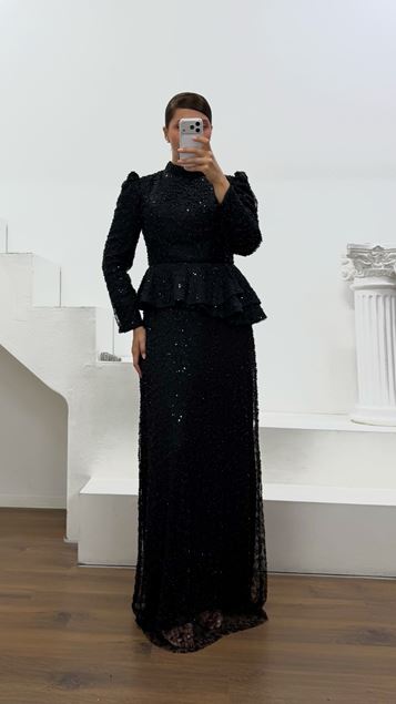 Siyah Peplum Detaylı Büyük Beden  Abiye Elbise