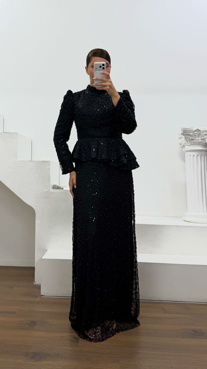 Siyah Peplum Detaylı Büyük Beden  Abiye Elbise
