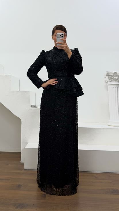Siyah Peplum Detaylı Büyük Beden  Abiye Elbise