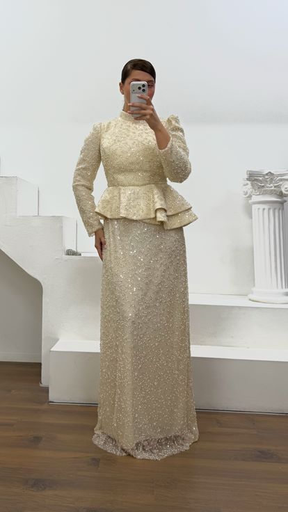 Bej Peplum Detaylı Büyük Beden  Abiye Elbise