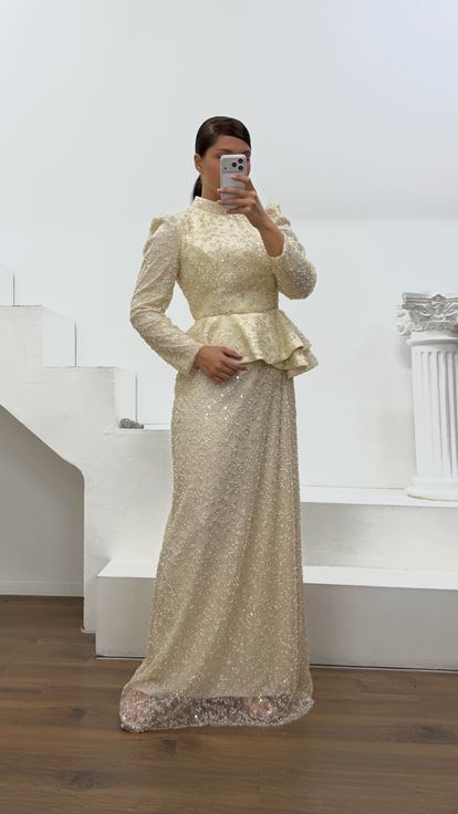 Bej Peplum Detaylı Büyük Beden  Abiye Elbise