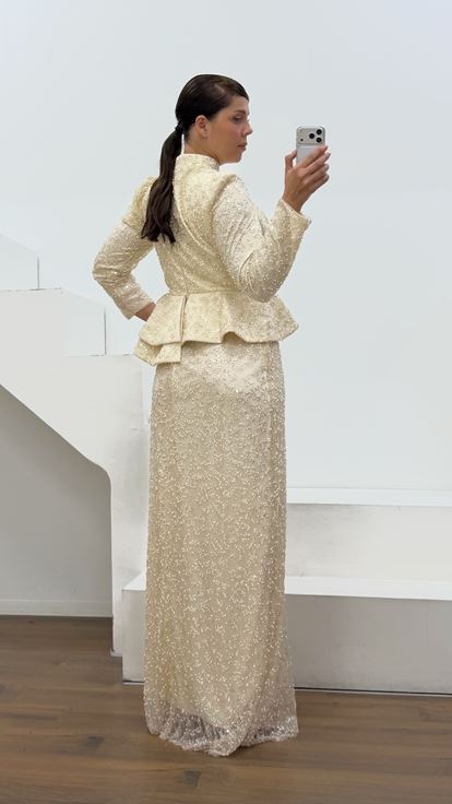 Bej Peplum Detaylı Büyük Beden  Abiye Elbise