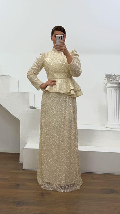Bej Peplum Detaylı Büyük Beden  Abiye Elbise