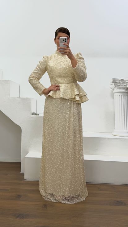 Bej Peplum Detaylı Büyük Beden  Abiye Elbise