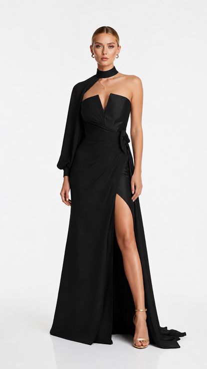 Black Strapless Evening Dress with Sleeve Detail