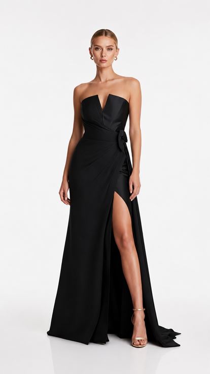 Black Strapless Evening Dress with Sleeve Detail