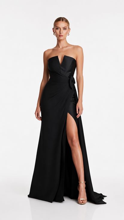 Black Strapless Evening Dress with Sleeve Detail