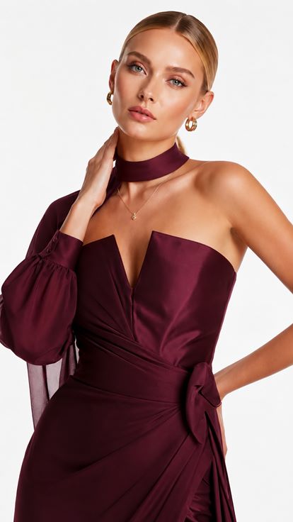 Bordo Kol Detay Straplez Abiye Elbise