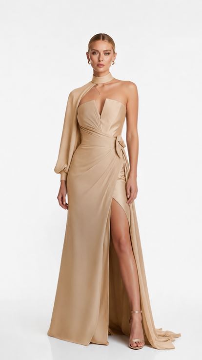 Beigefarbenes  trägerloses Abendkleid mit Ärmeldetails