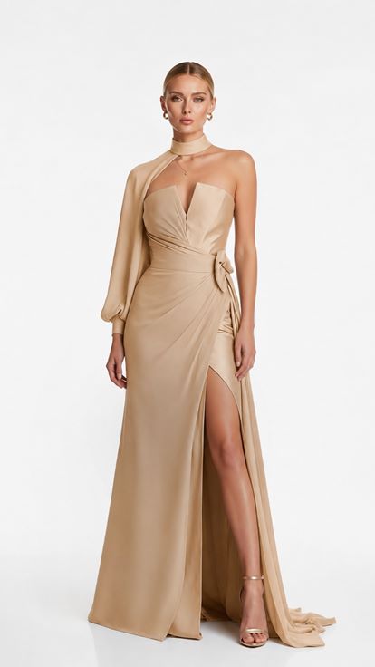 Beigefarbenes  trägerloses Abendkleid mit Ärmeldetails
