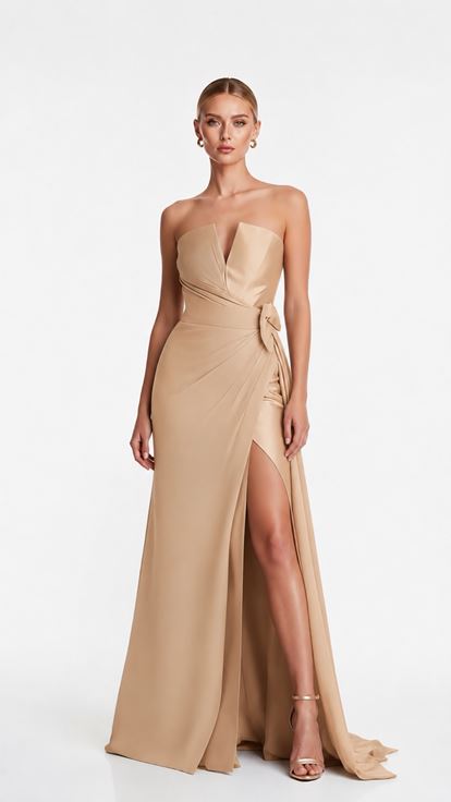 Beigefarbenes  trägerloses Abendkleid mit Ärmeldetails