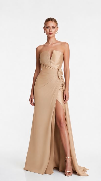 Beigefarbenes  trägerloses Abendkleid mit Ärmeldetails