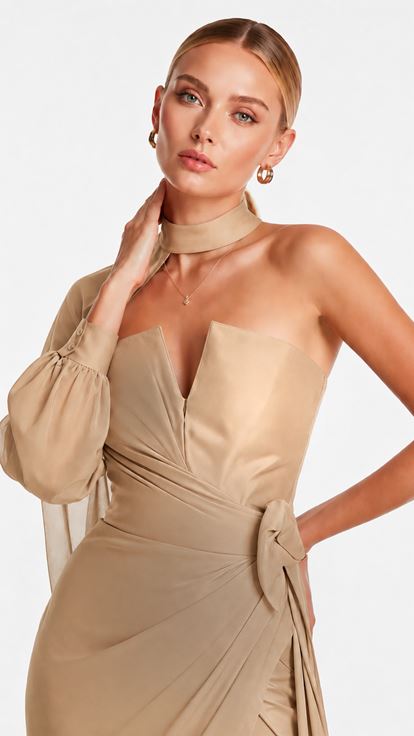Beigefarbenes  trägerloses Abendkleid mit Ärmeldetails