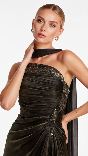 Koyu Haki Drape Detaylı Yırtmaçlı Dior Organze Abiye Elbise