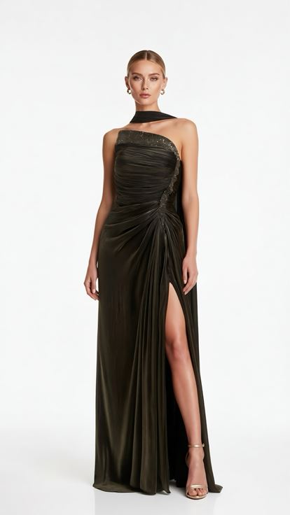 Koyu Haki Drape Detaylı Yırtmaçlı Dior Organze Abiye Elbise